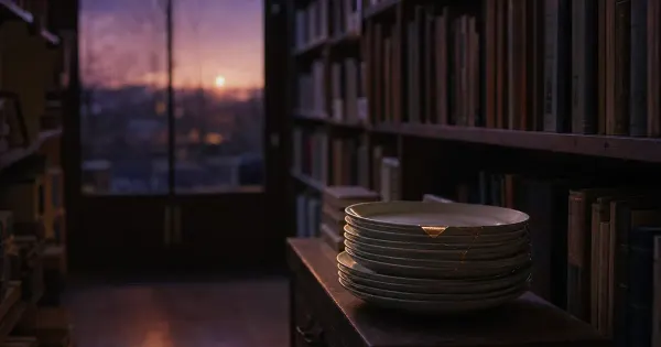 Piatti impilati con bordo riparato in oro, in un corridoio di libreria chiusa, al primo minuto del tramonto, ragioni…