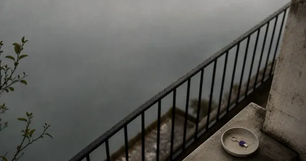 Chiave in un piattino vicino alla porta, sul parapetto di un balcone, sotto un velo sottile di nuvole, idee rimanere…