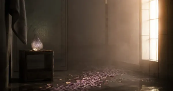 Sentiero di petali caduti, in un bagno con vetro smerigliato, nella nebbia che si dirada, roebling