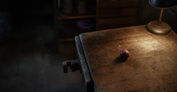 Frutto maturo con goccia di condensa, in un angolo di laboratorio, all'alba, significato trovare ikigai