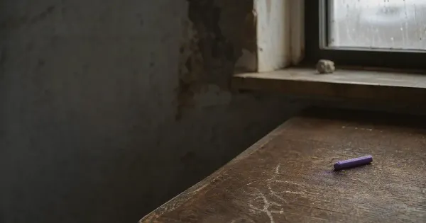 Segni di gesso sul marciapiede che svaniscono, su una scrivania di legno consumata, in sole pallido d'inverno, smettila…