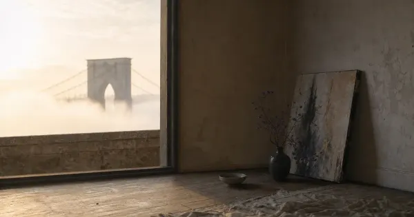 Arco di ponte che emerge dalla nebbia, su un tetto con parapetto basso, in sole pallido d'inverno, persona più…