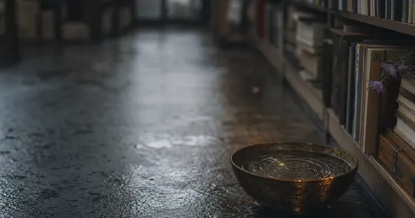 Acqua ferma in una ciotola dopo l'onda, in un corridoio di libreria chiusa, dopo la pioggia, danza ritmo vita