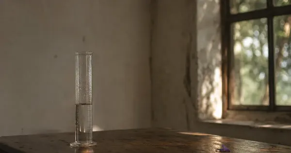 Pluviometro mezzo pieno che riflette il cielo, su una scrivania di legno consumata, dopo la pioggia, the social dilemma