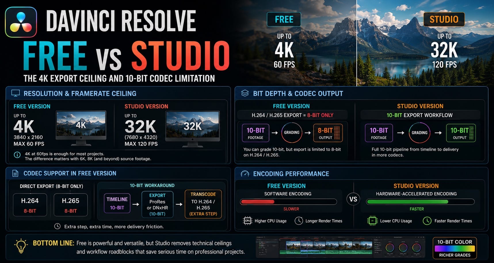 DaVinci Resolve Free vs Studio The 4K Export Ceiling and 10 Bit Codec Limitation