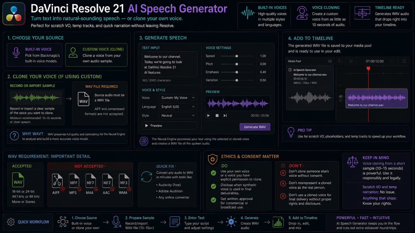 DaVinci Resolve 21 AI Speech Generator and the WAV Requirement