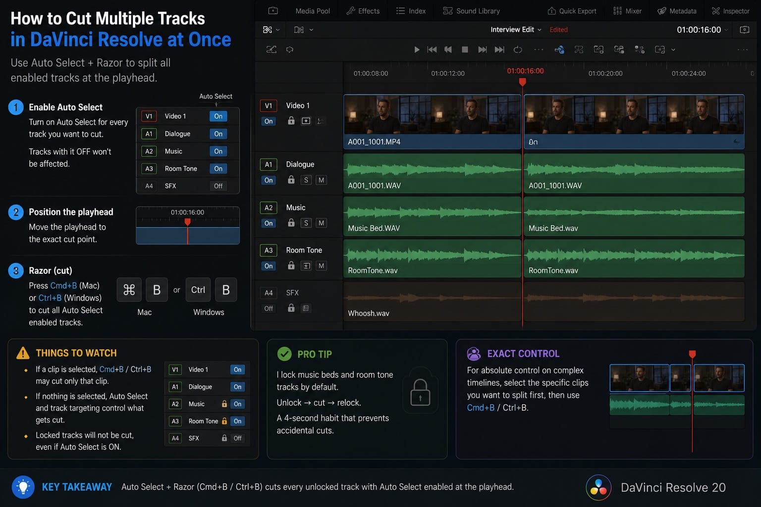 How to Cut Multiple Tracks in DaVinci Resolve at Once