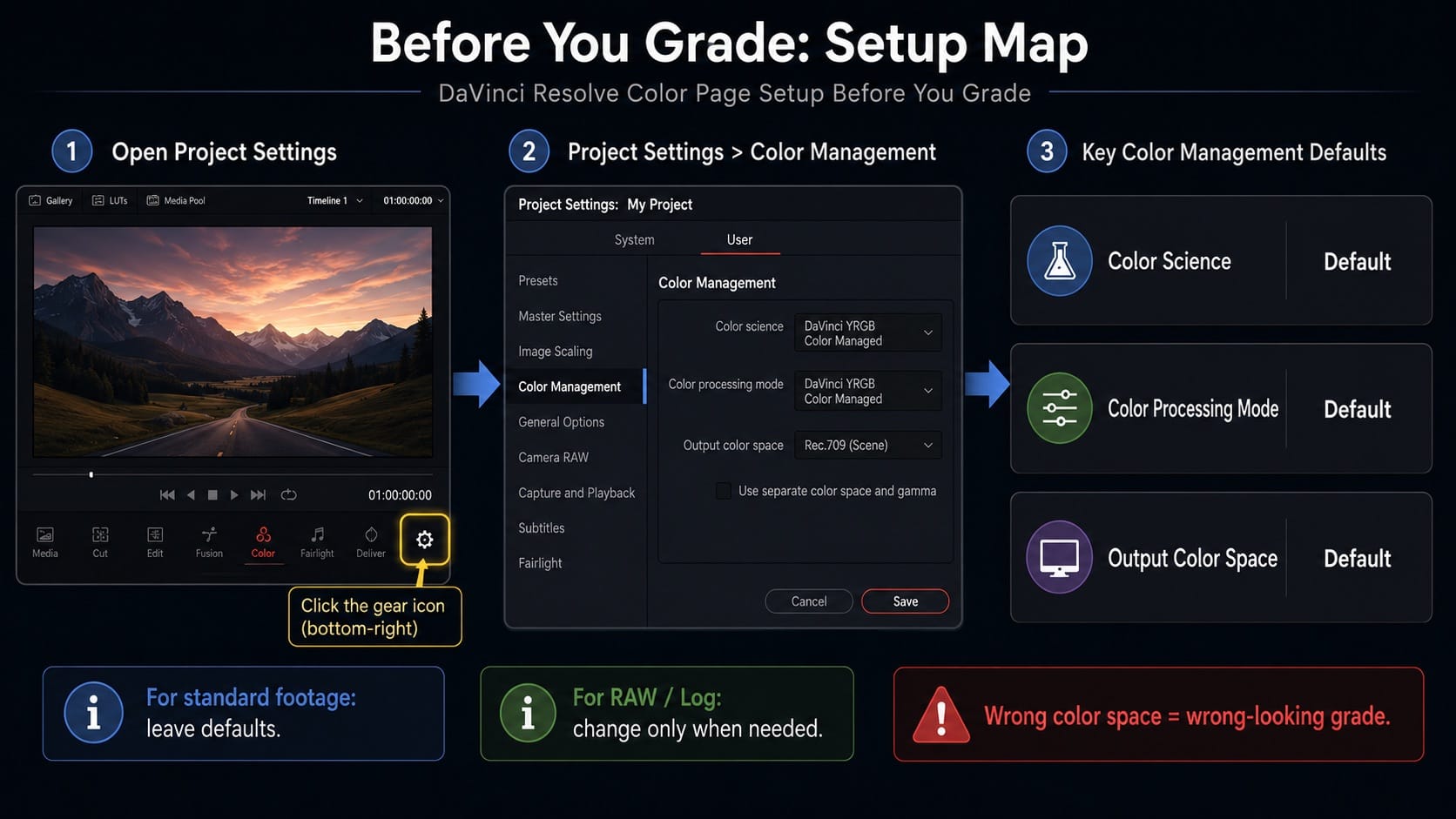 DaVinci Resolve Color page setup map before you grade