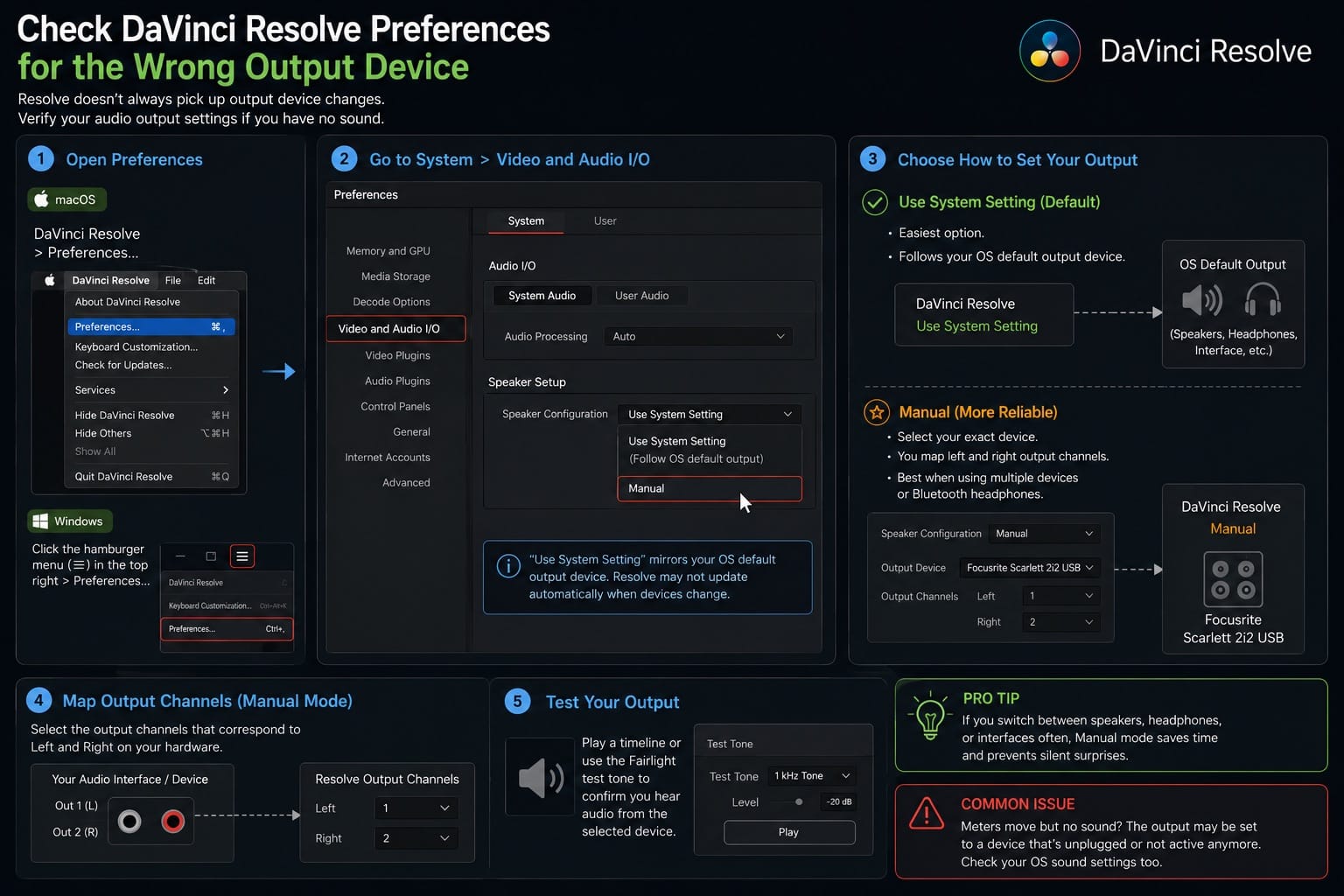 Check DaVinci Resolve Preferences for the Wrong Output Device