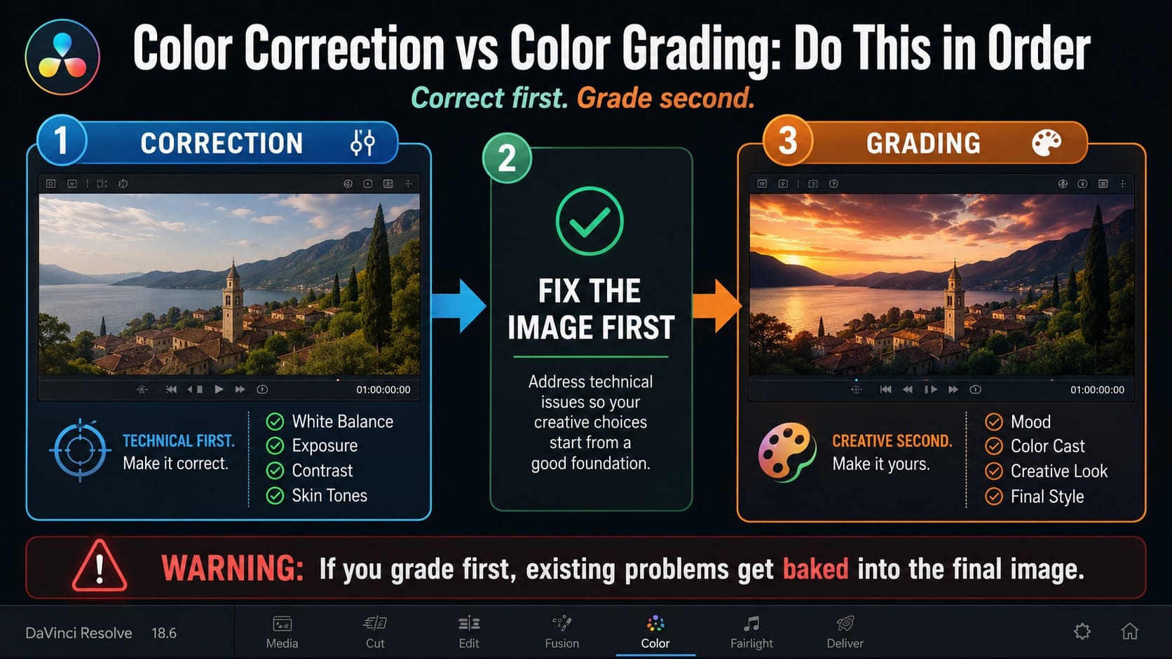 Color correction vs color grading in DaVinci Resolve: do this in order