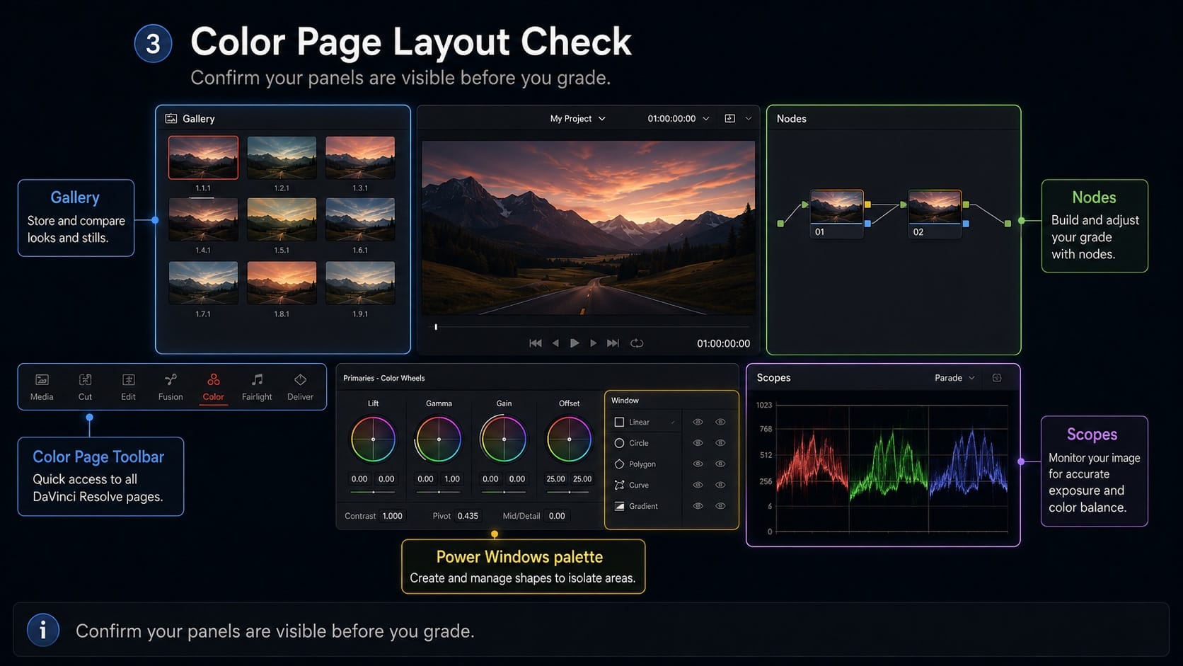 DaVinci Resolve Color page layout check before grading