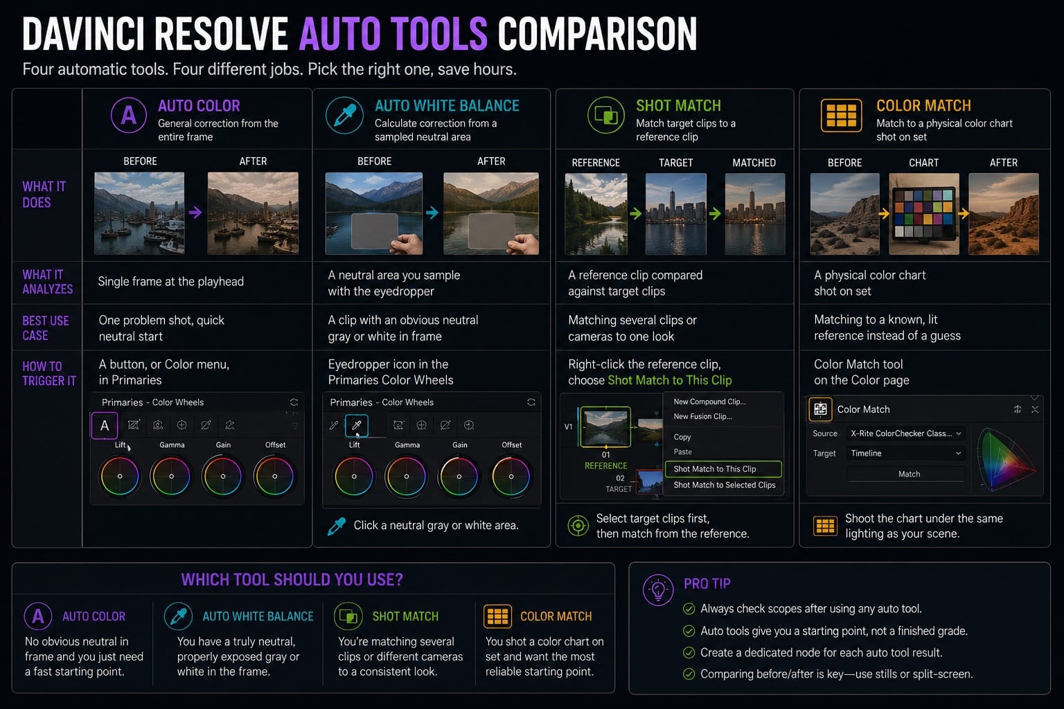 DaVinci Resolve Auto Color vs Auto White Balance vs Shot Match vs Color Match