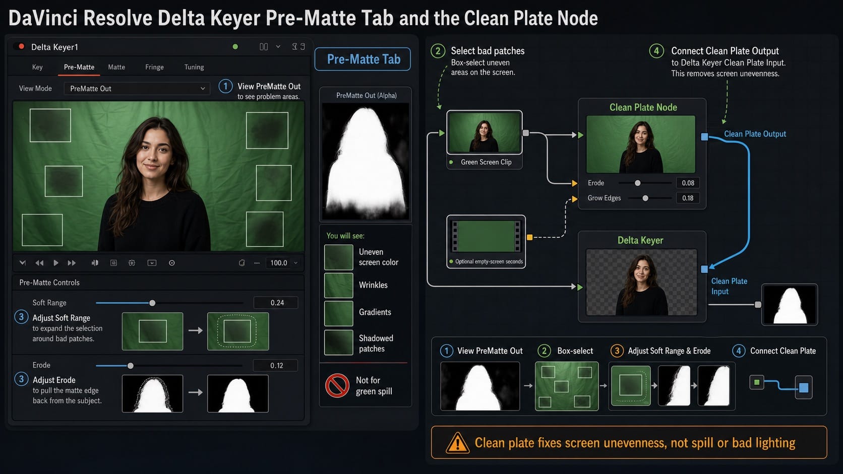 DaVinci Resolve Delta Keyer Pre Matte Tab and the Clean Plate Node