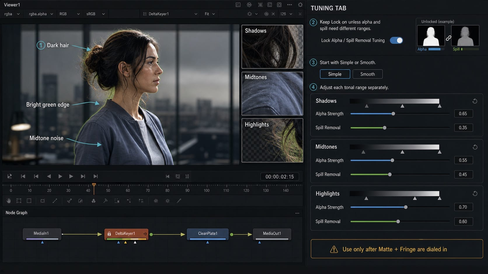 DaVinci Resolve Delta Keyer Tuning Tab Shadows Midtones and Highlights