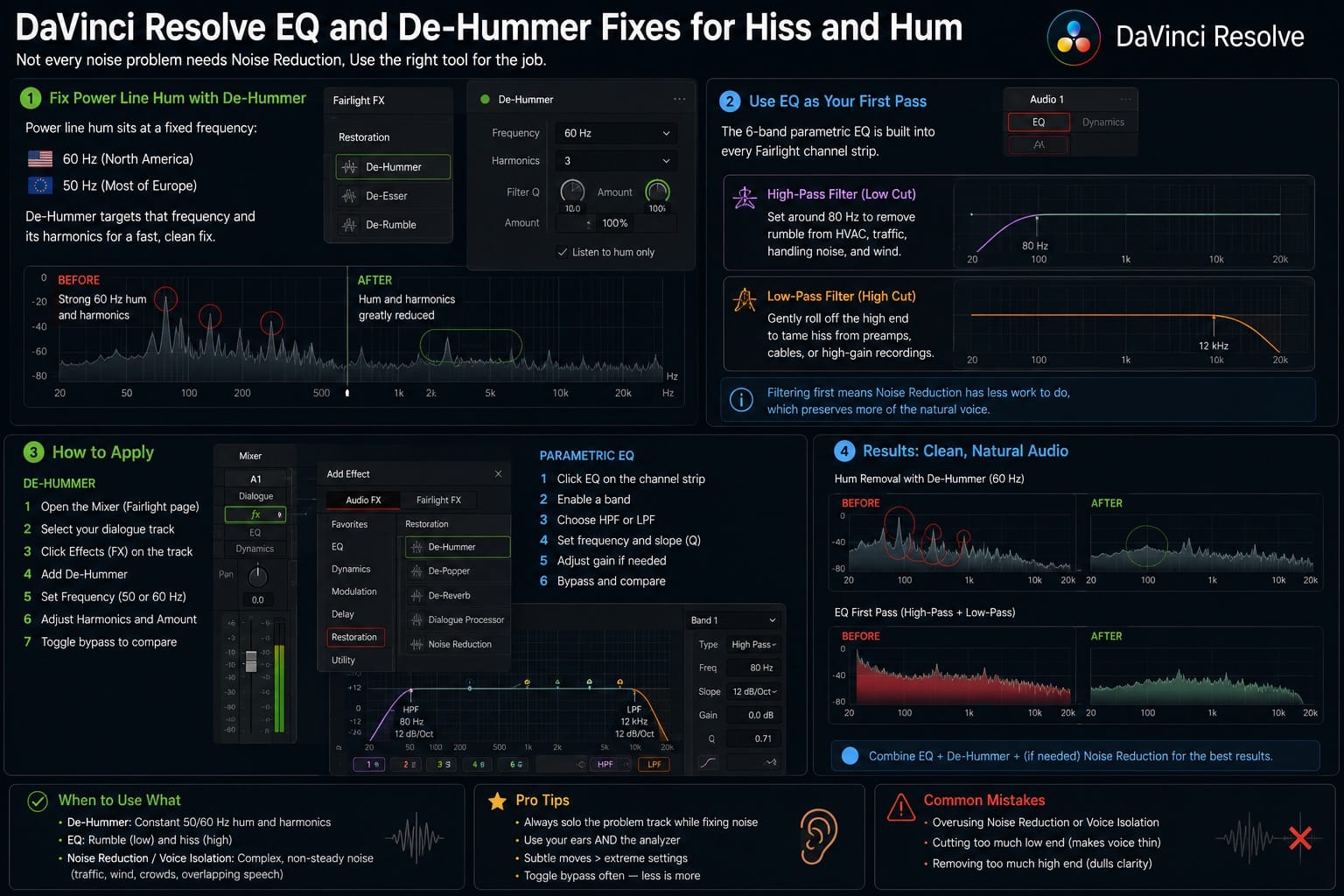 DaVinci Resolve EQ and De Hummer Fixes for Hiss and Hum