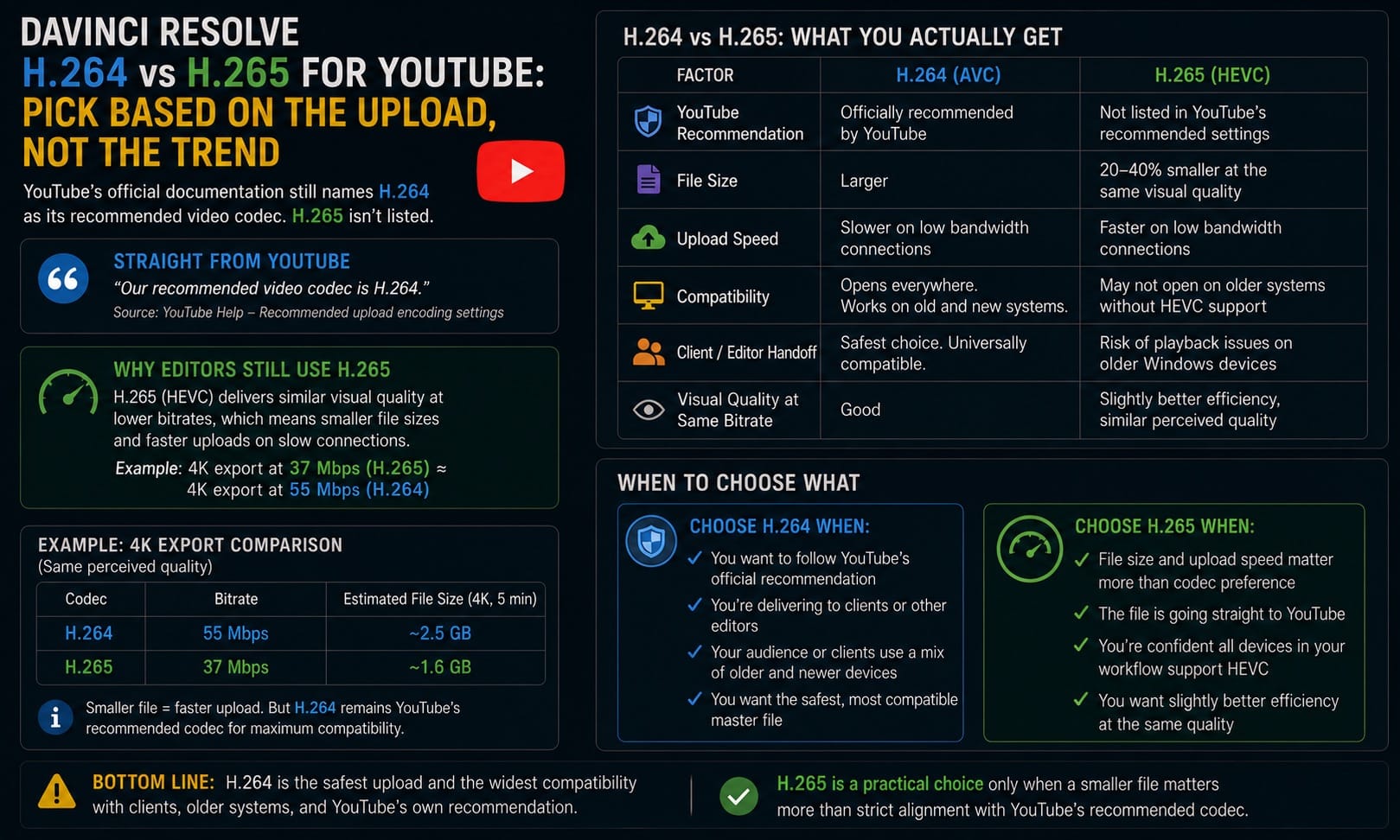 DaVinci Resolve H 264 vs H 265 for YouTube Pick Based on the Upload Not the Trend