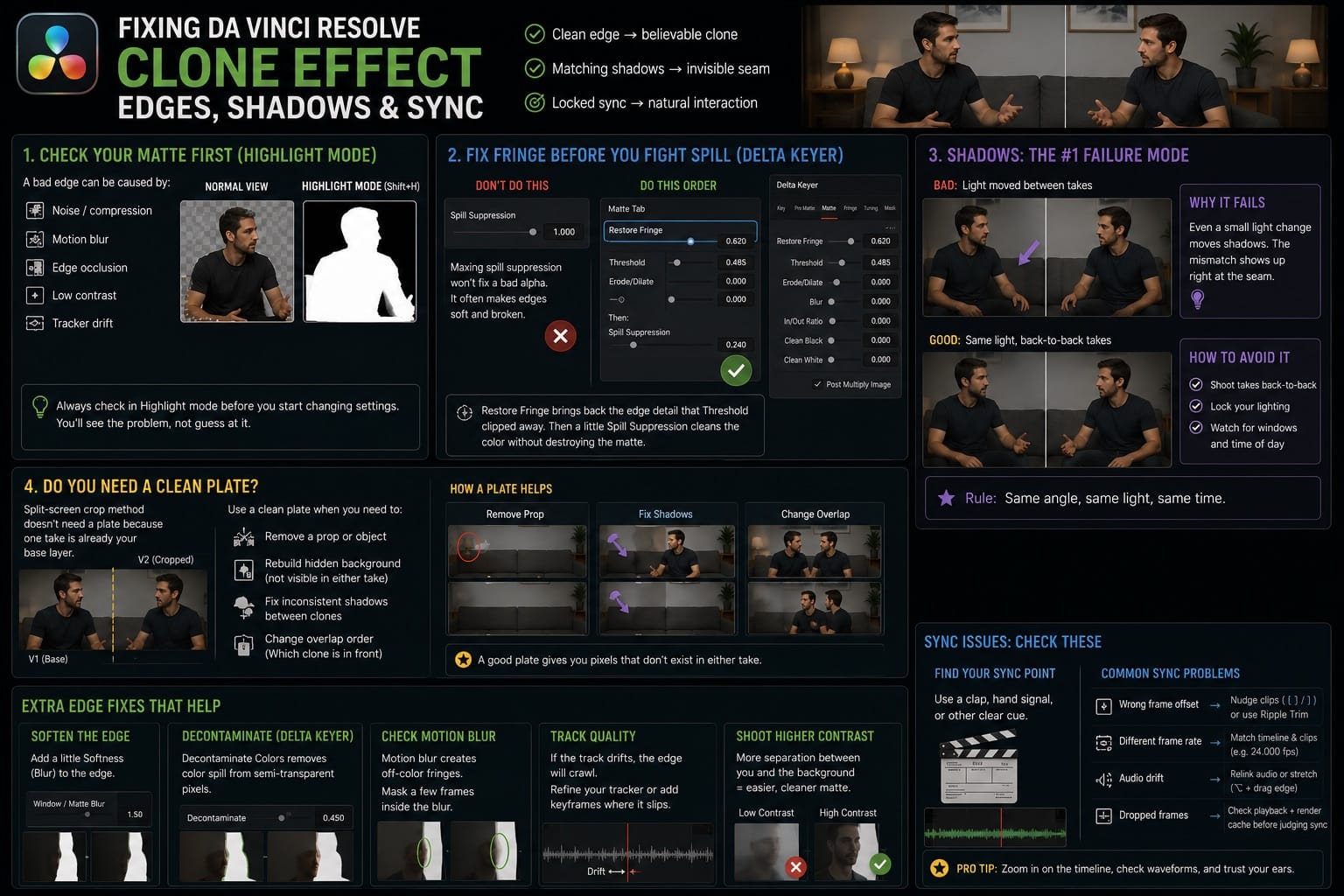 Fixing DaVinci Resolve Clone Effect Edges Shadows and Sync