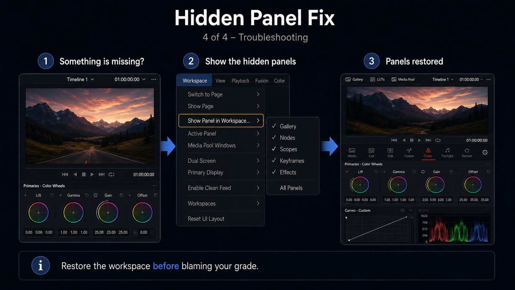 How to restore hidden panels on the DaVinci Resolve Color page
