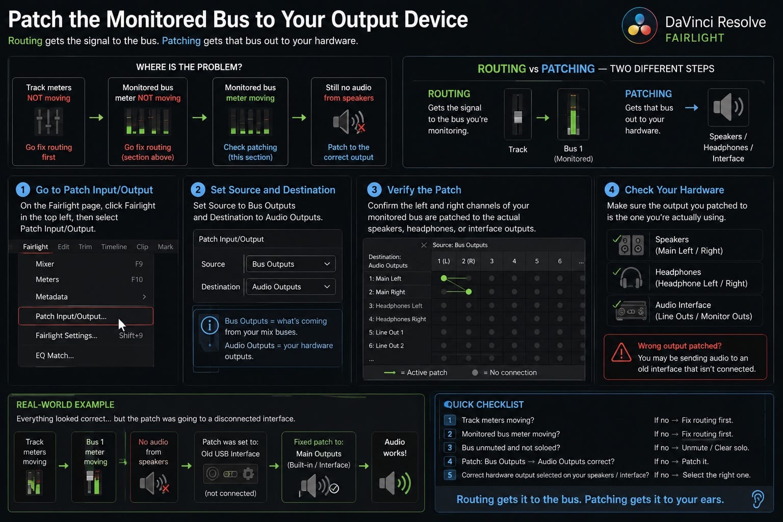 DaVinci Resolve Patch the Monitored Bus to Your Output Device
