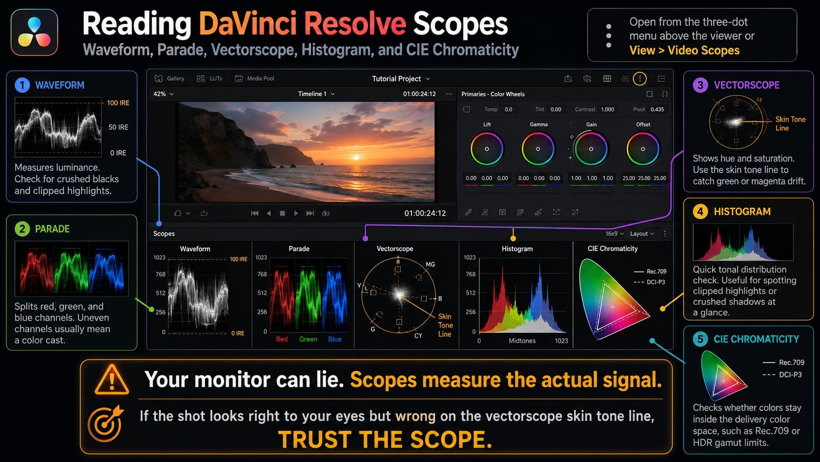 Reading DaVinci Resolve Scopes Waveform Parade and Vectorscope 1