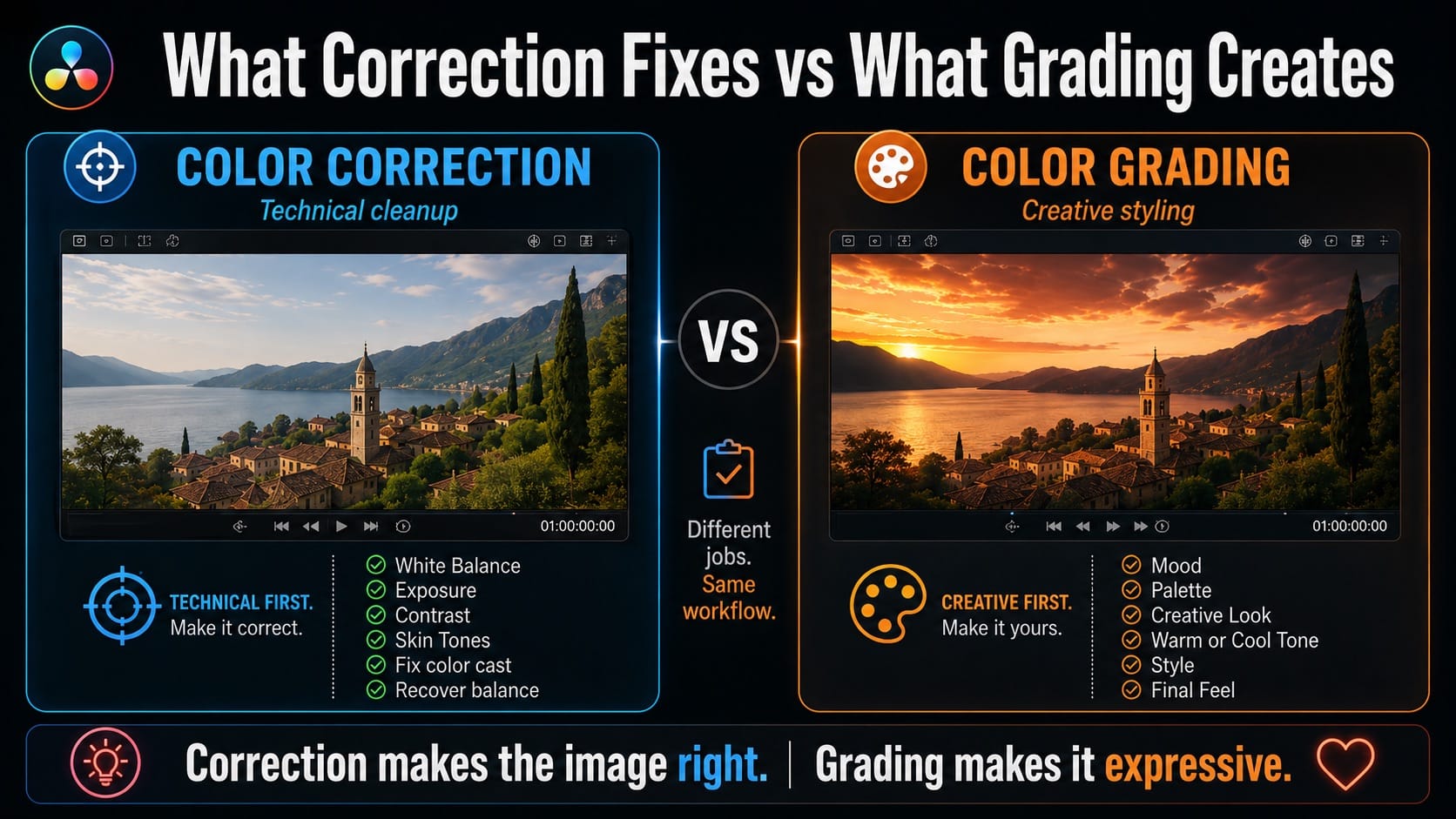 What color correction fixes vs what color grading creates