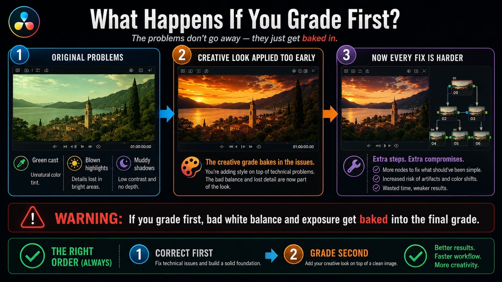 What happens if you color grade before correcting in DaVinci Resolve