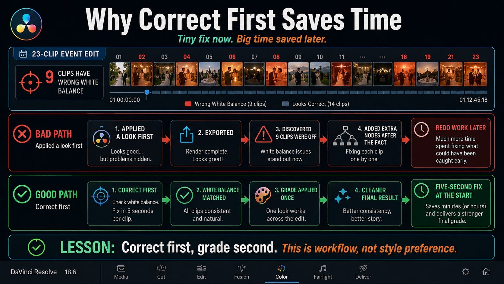 Why color correcting first saves time in DaVinci Resolve