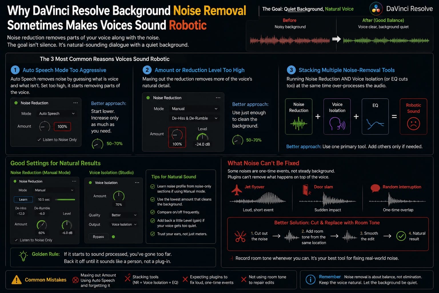 Why DaVinci Resolve Background Noise Removal Sometimes Makes Voices Sound Robotic