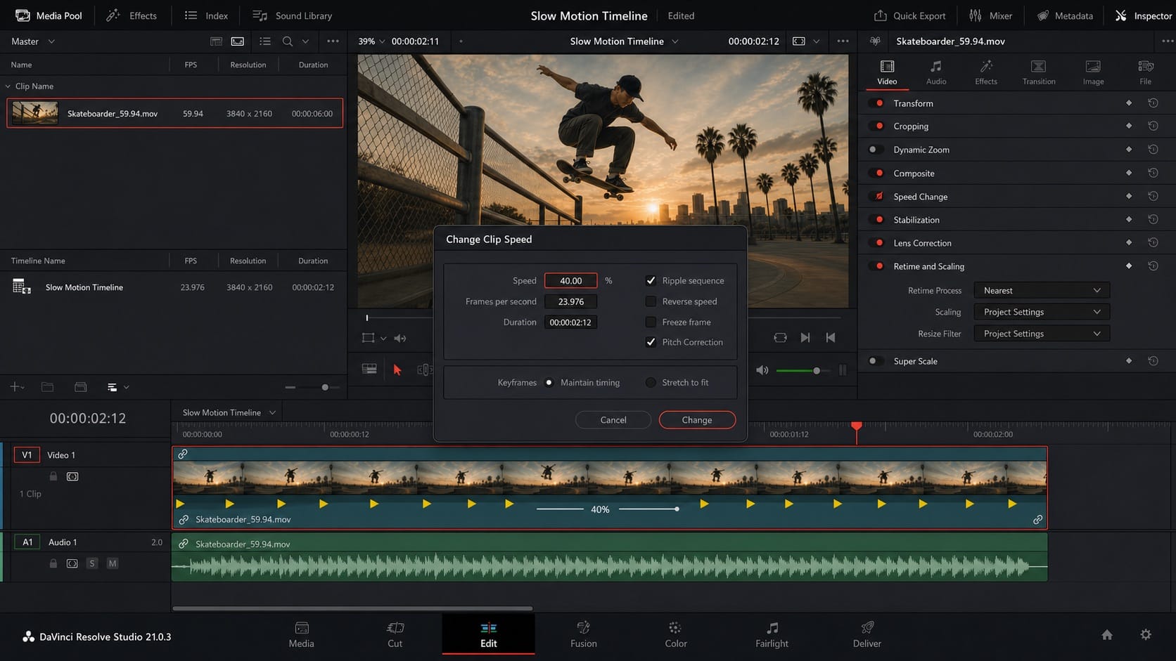 davinci resolve 21 59 94 to 23 976 40 percent slow motion editorial