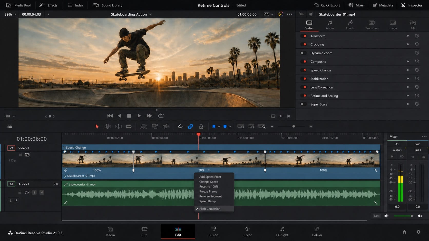 davinci resolve 21 clip speed audio pitch correction editorial