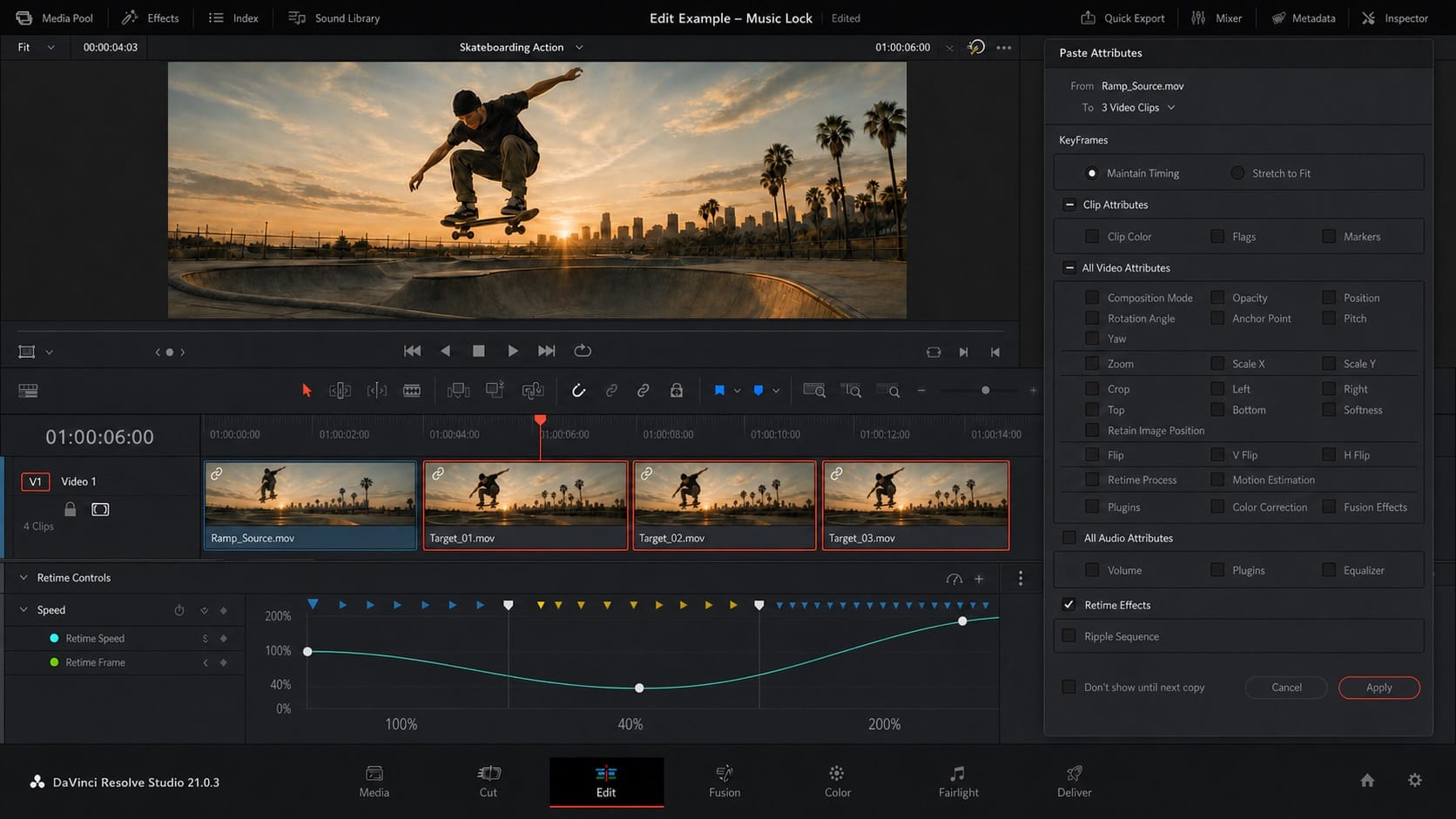 davinci resolve 21 paste retime effects multiple clips editorial