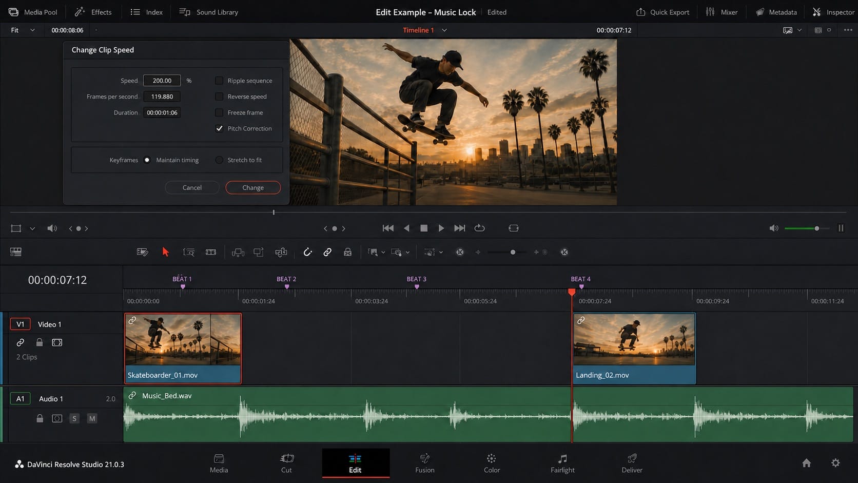 davinci resolve 21 speed change ripple off music lock editorial