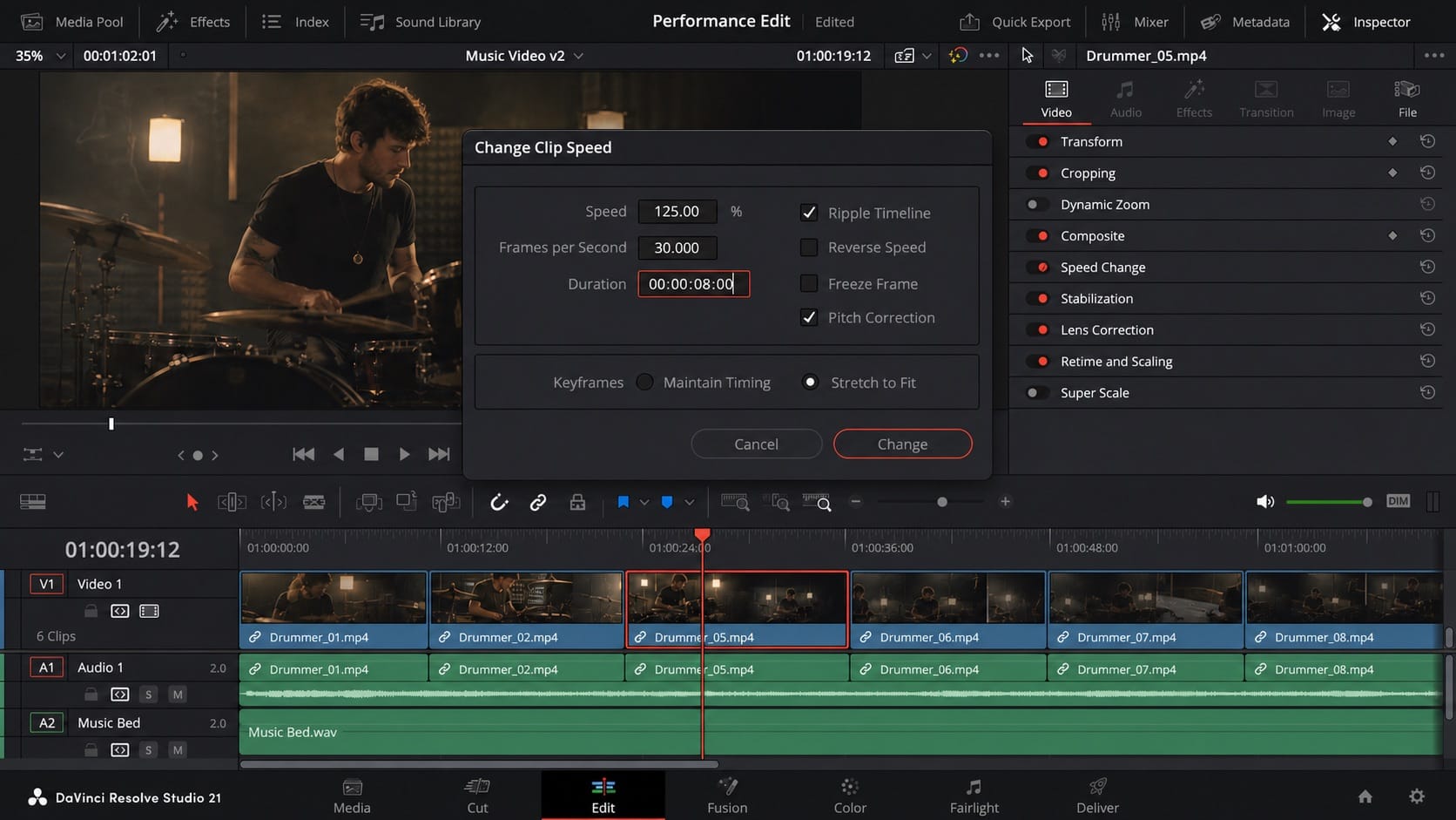 davinci resolve change clip speed duration dialog editorial