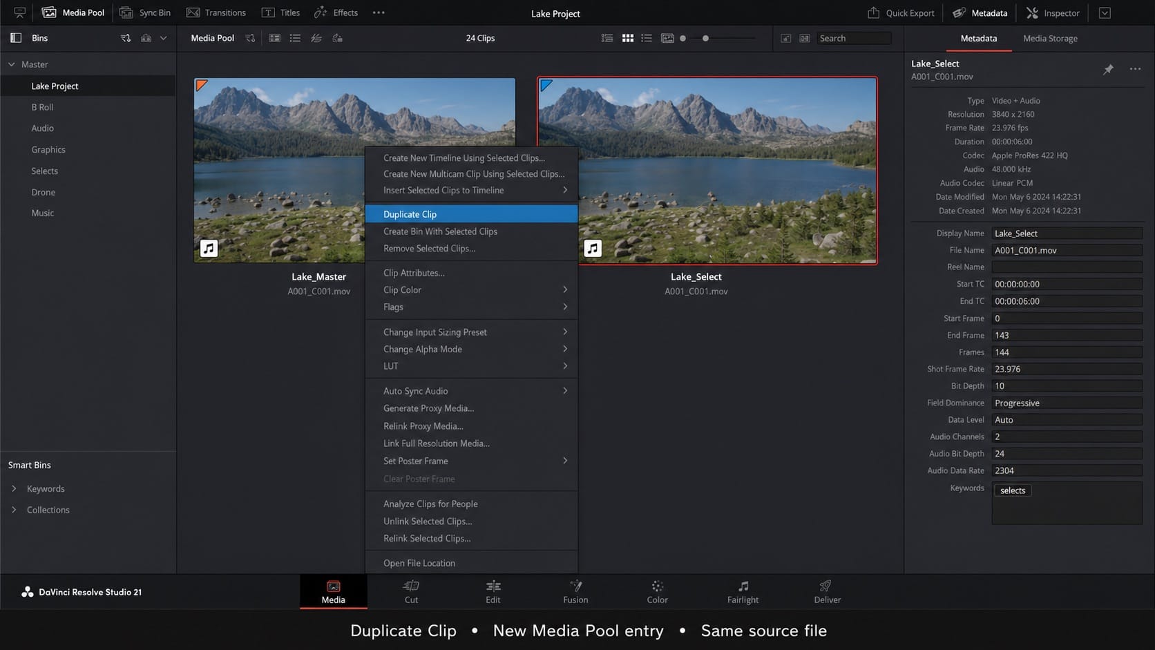 davinci resolve media pool duplicate clip