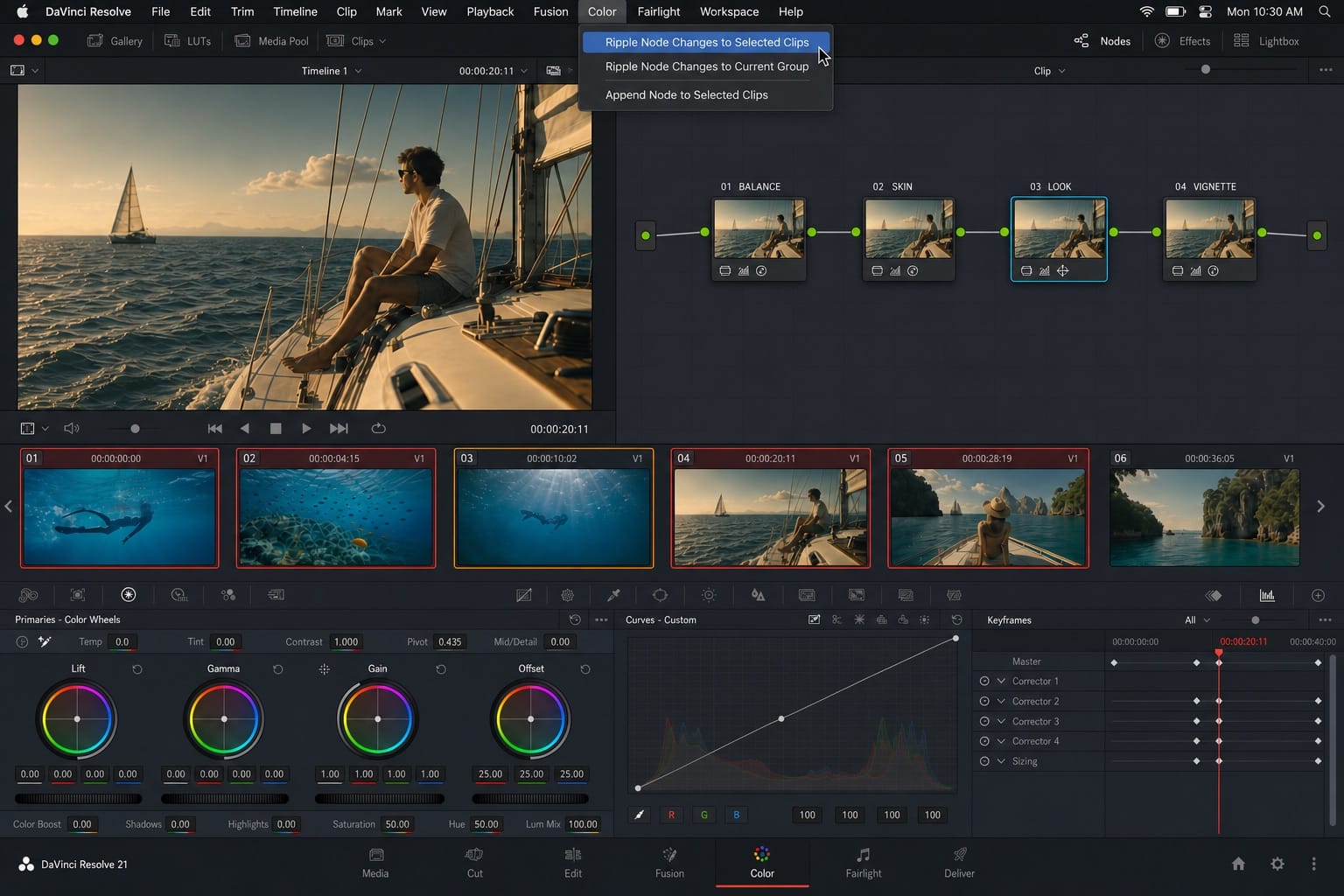 davinci resolve ripple node changes selected clips editorial
