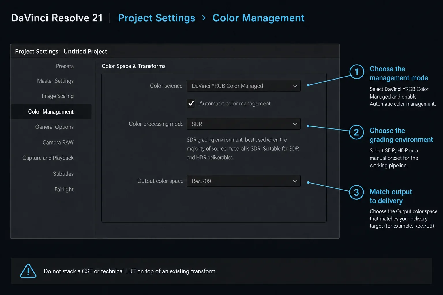 DaVinci Resolve 21 Color Management settings for managed mode, grading environment and output space