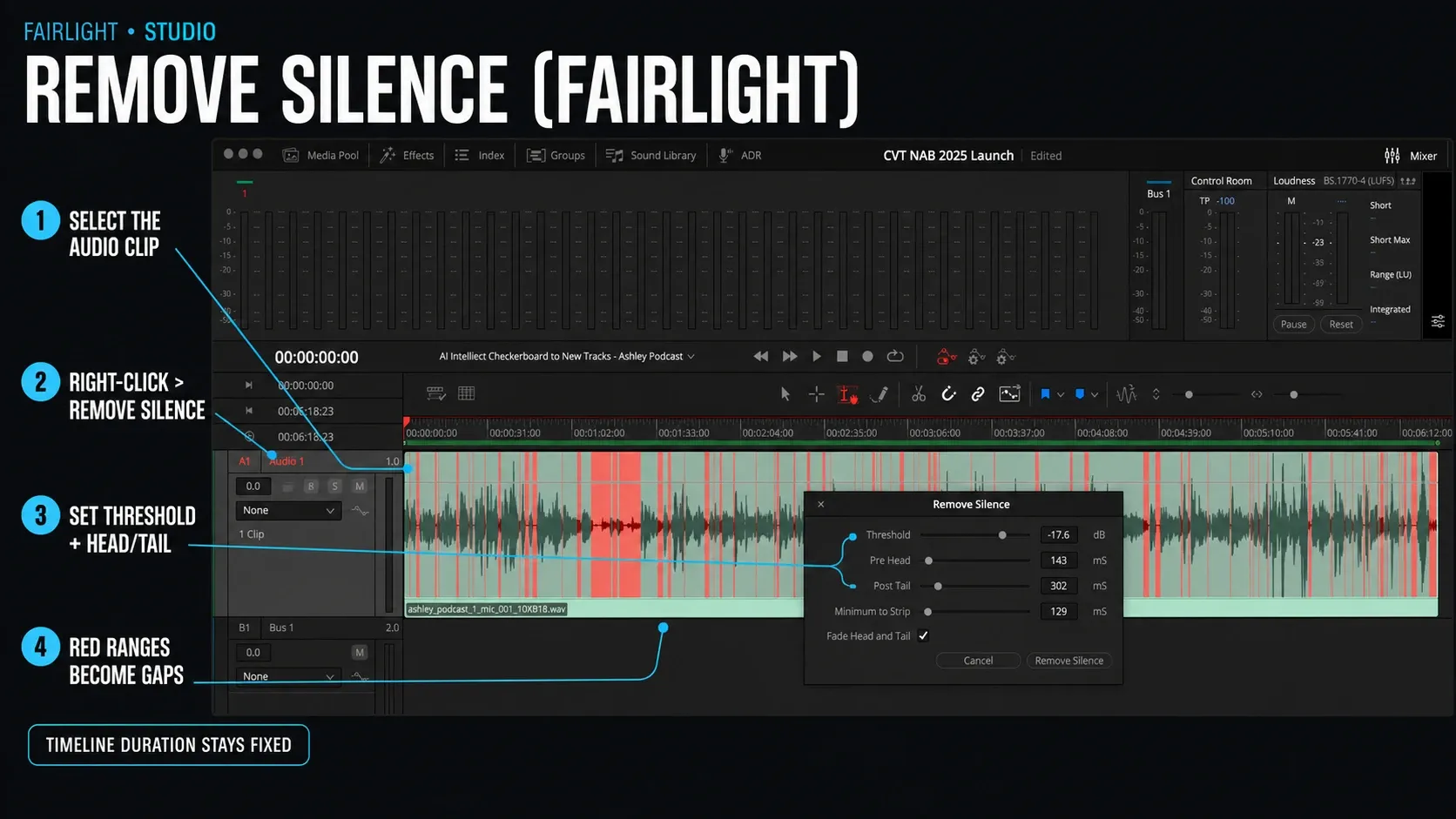 Fairlight Remove Silence controls over a DaVinci Resolve audio waveform