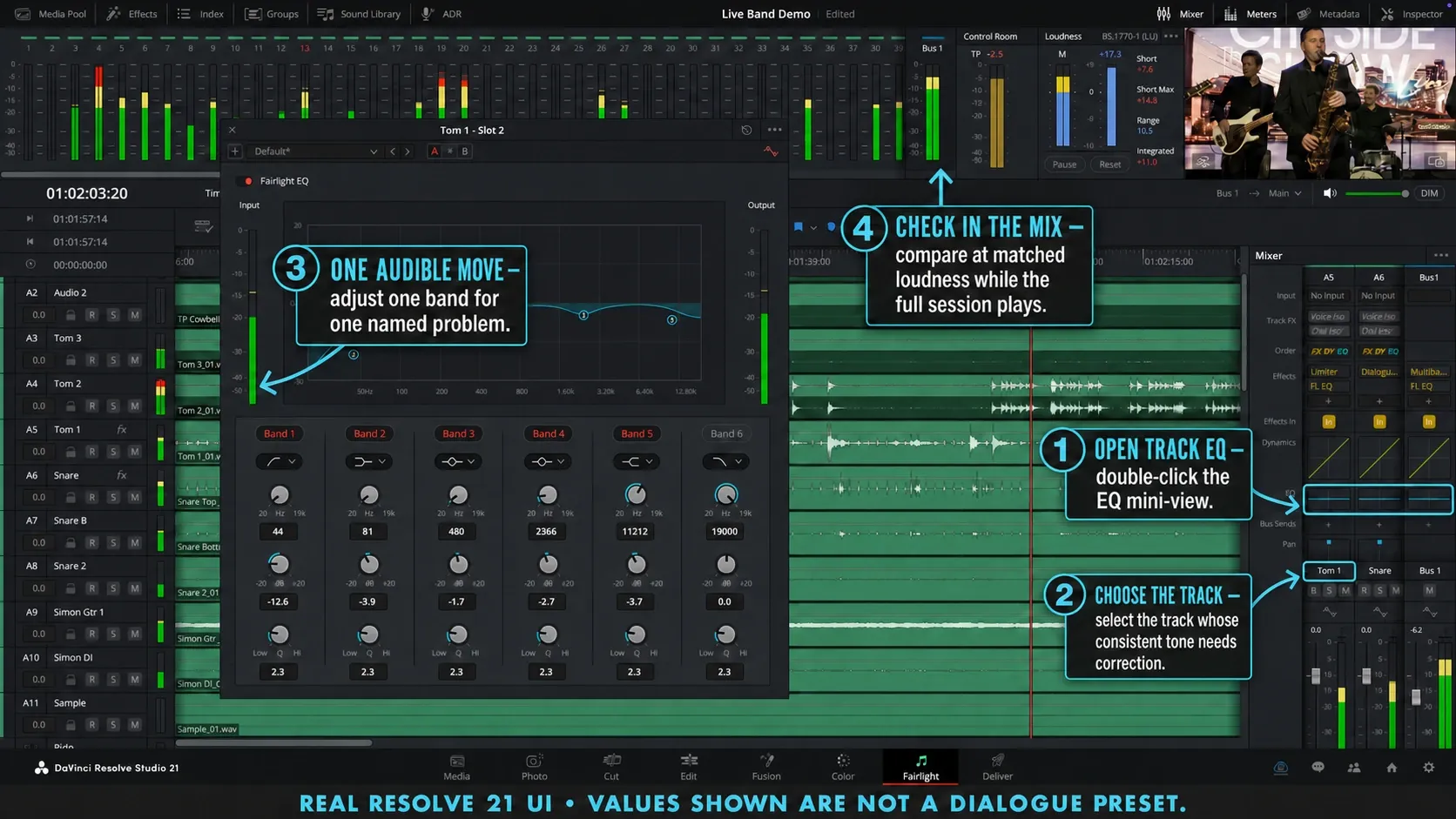 DaVinci Resolve Fairlight Mixer showing where to open track EQ and compare it in the full mix