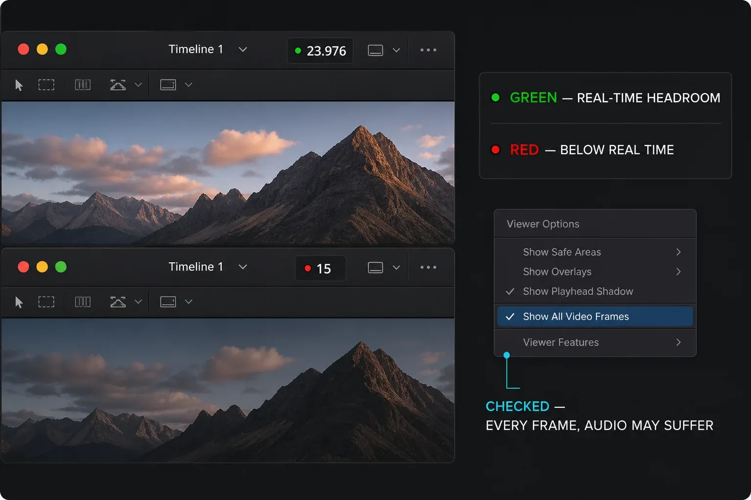 DaVinci Resolve viewer FPS status showing green real-time and red slow playback indicators