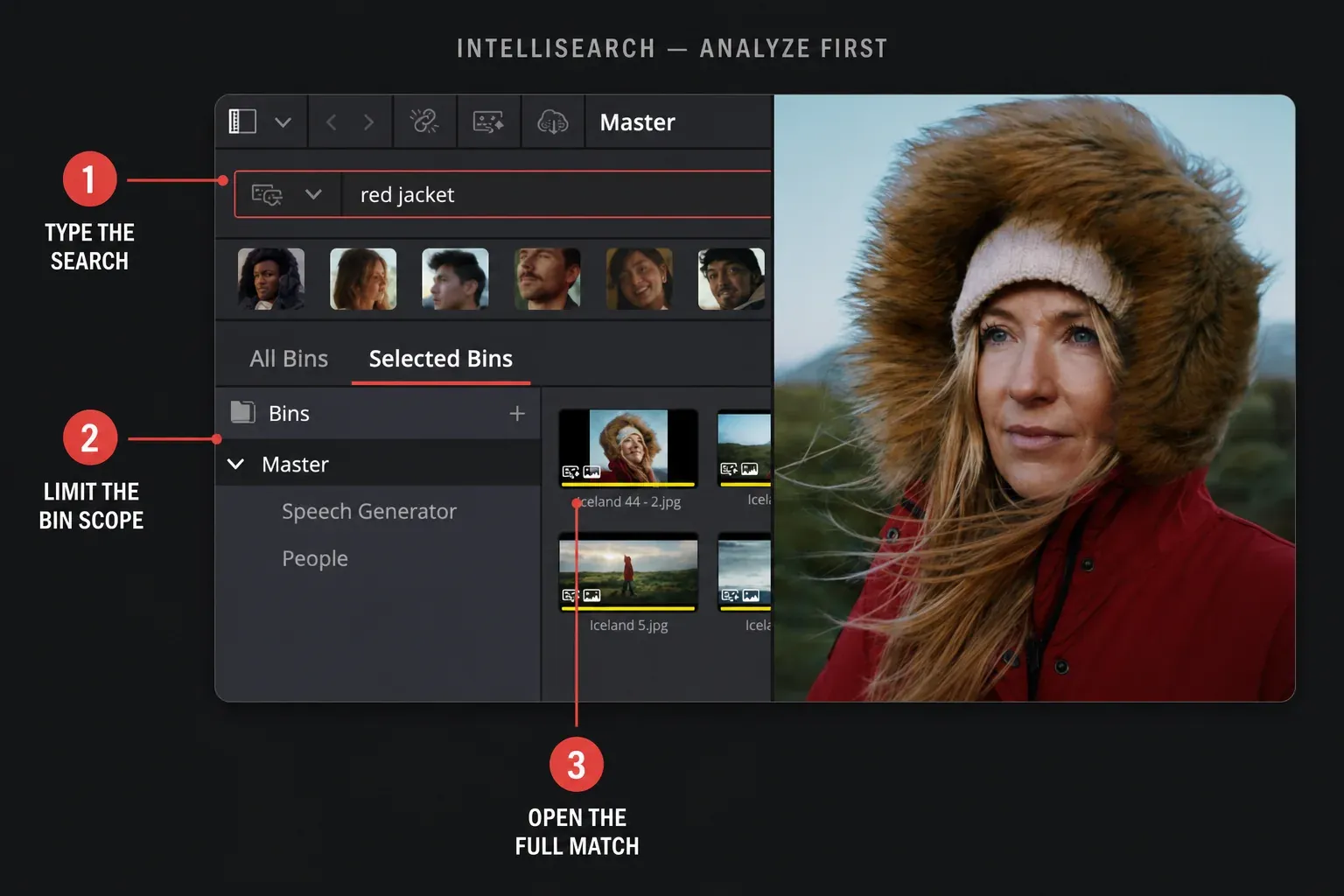 DaVinci Resolve 21 IntelliSearch UI with query, selected bin scope and matching clip