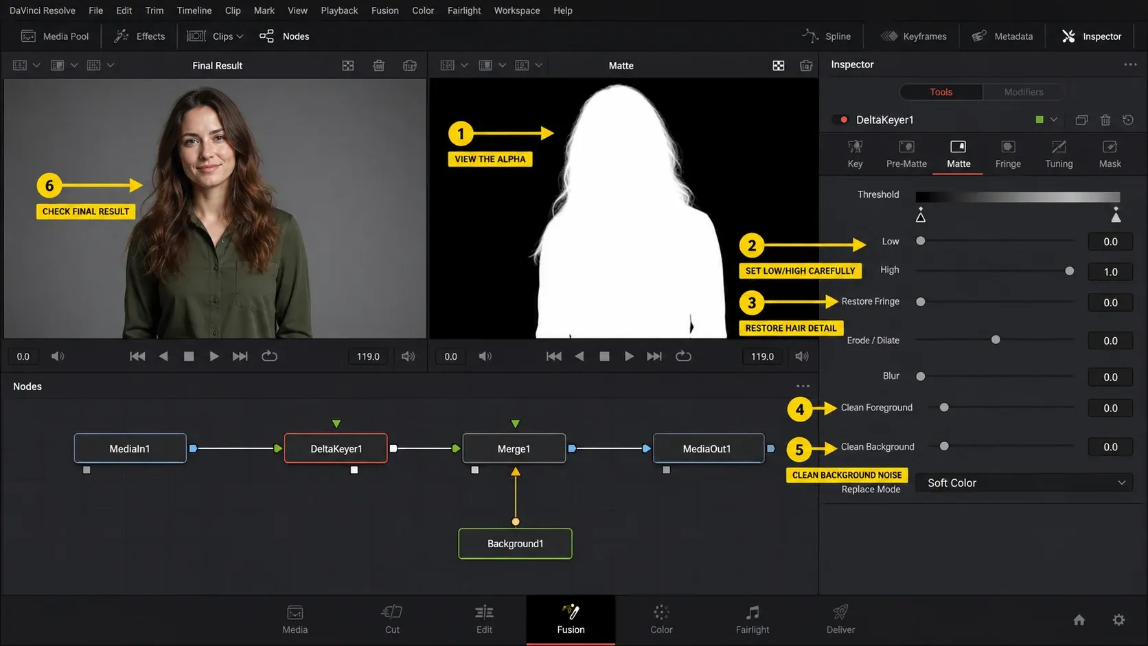 DaVinci Resolve 21 Delta Keyer Matte tab with alpha viewer, Threshold, Restore Fringe and Clean Foreground controls