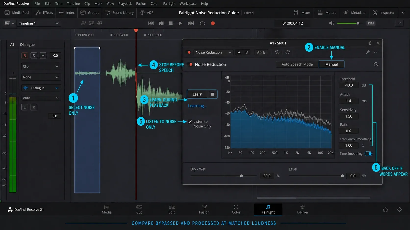 DaVinci Resolve 21 Fairlight Noise Reduction Manual mode with Learn, noise-only monitoring and documented controls