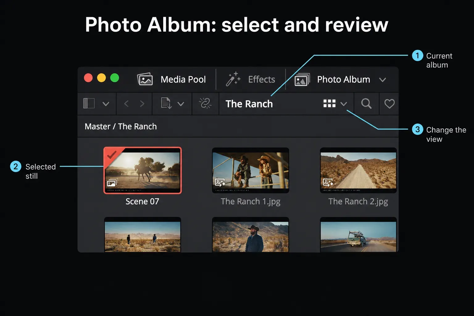 DaVinci Resolve 21 Photo Album grid with current album and selected still
