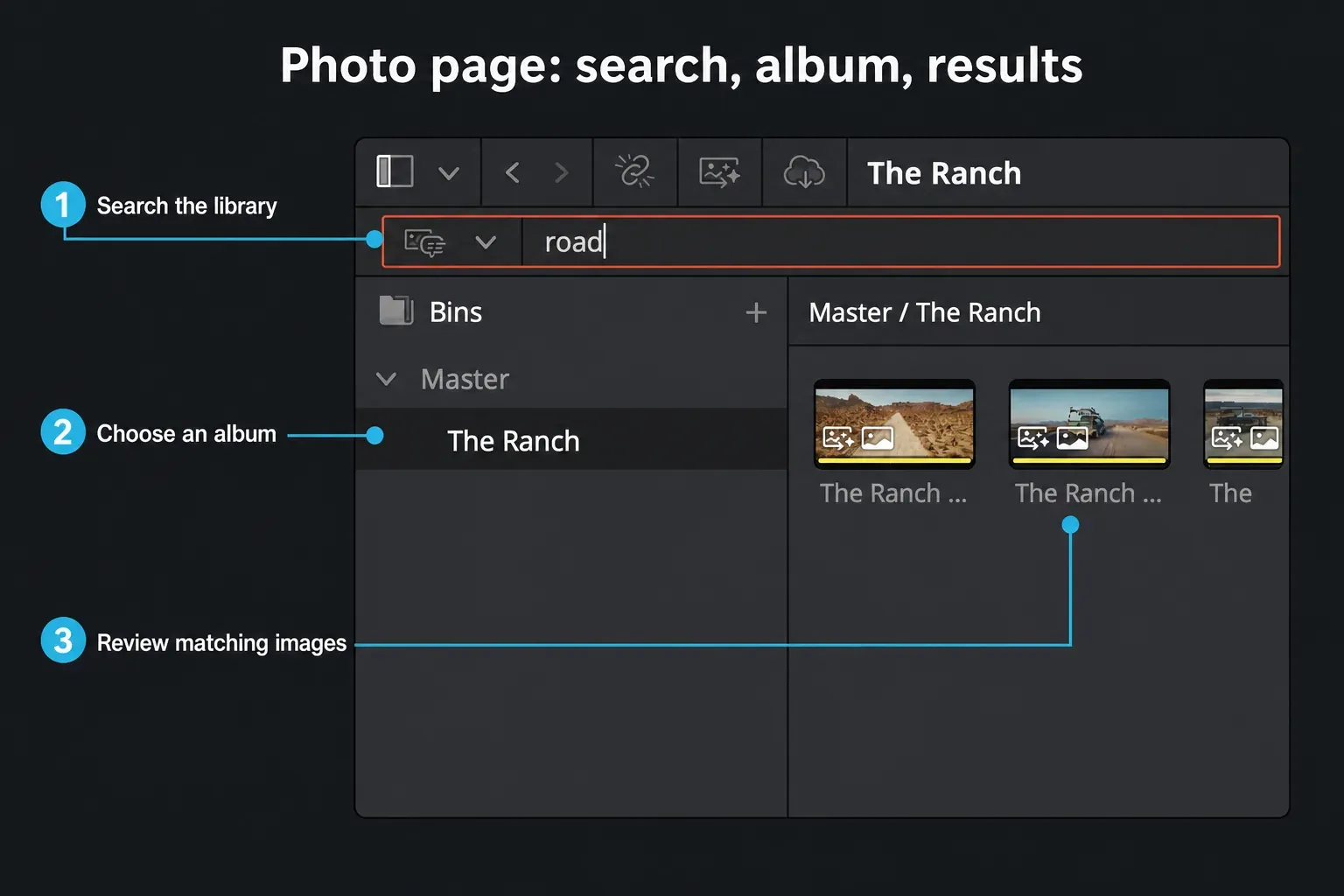 DaVinci Resolve 21 Photo page searching an album and returning matching still images