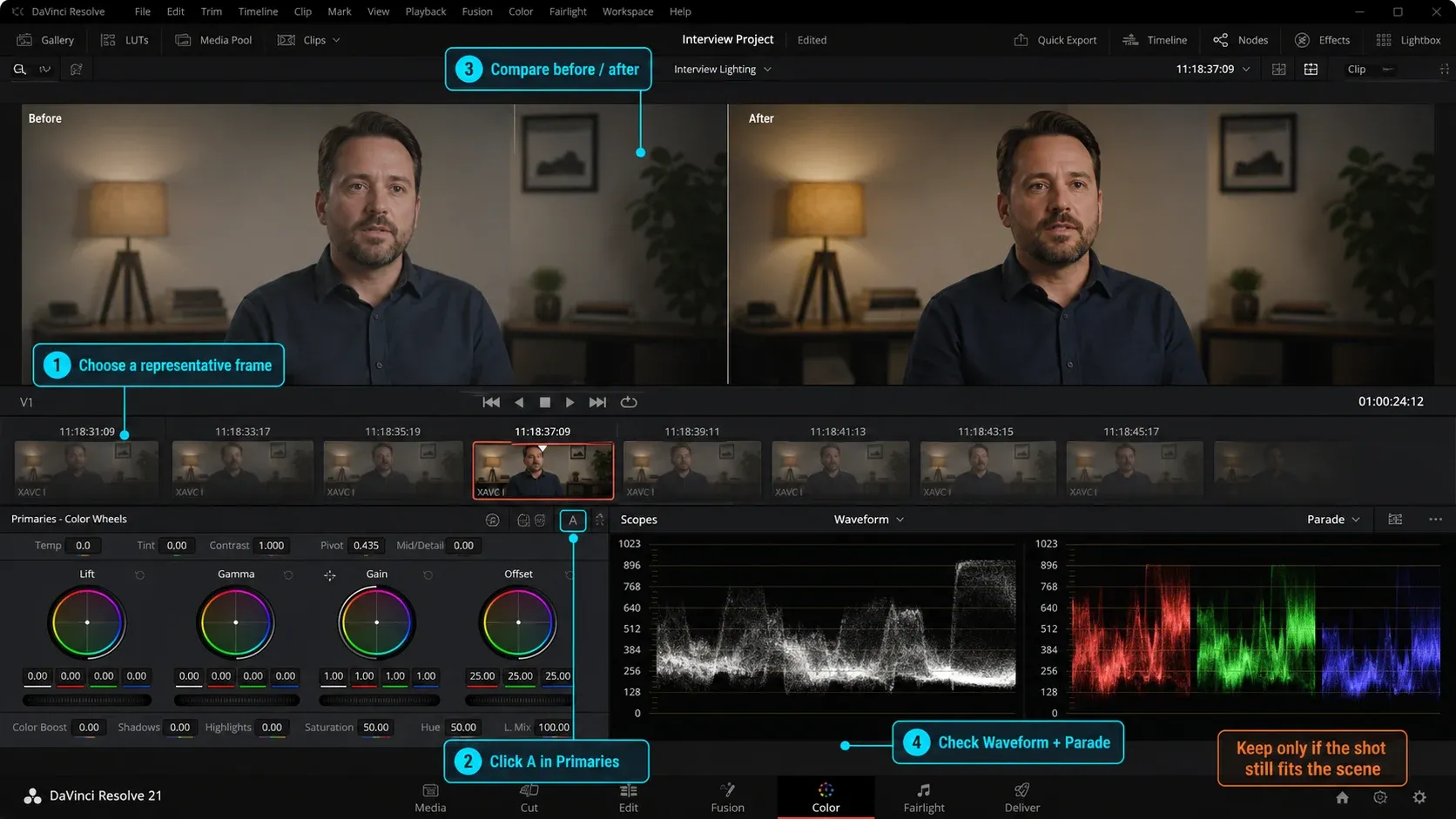 DaVinci Resolve Auto Color result checked on a representative frame with waveform and RGB parade