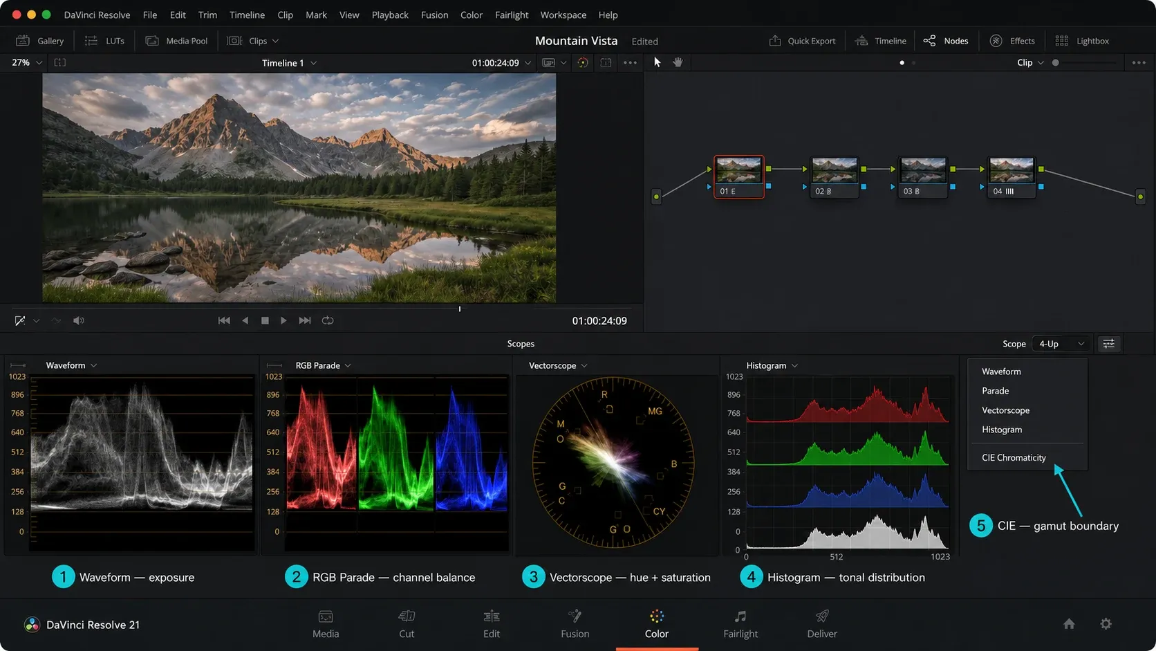 DaVinci Resolve four-up scopes with CIE Chromaticity available in the scope menu