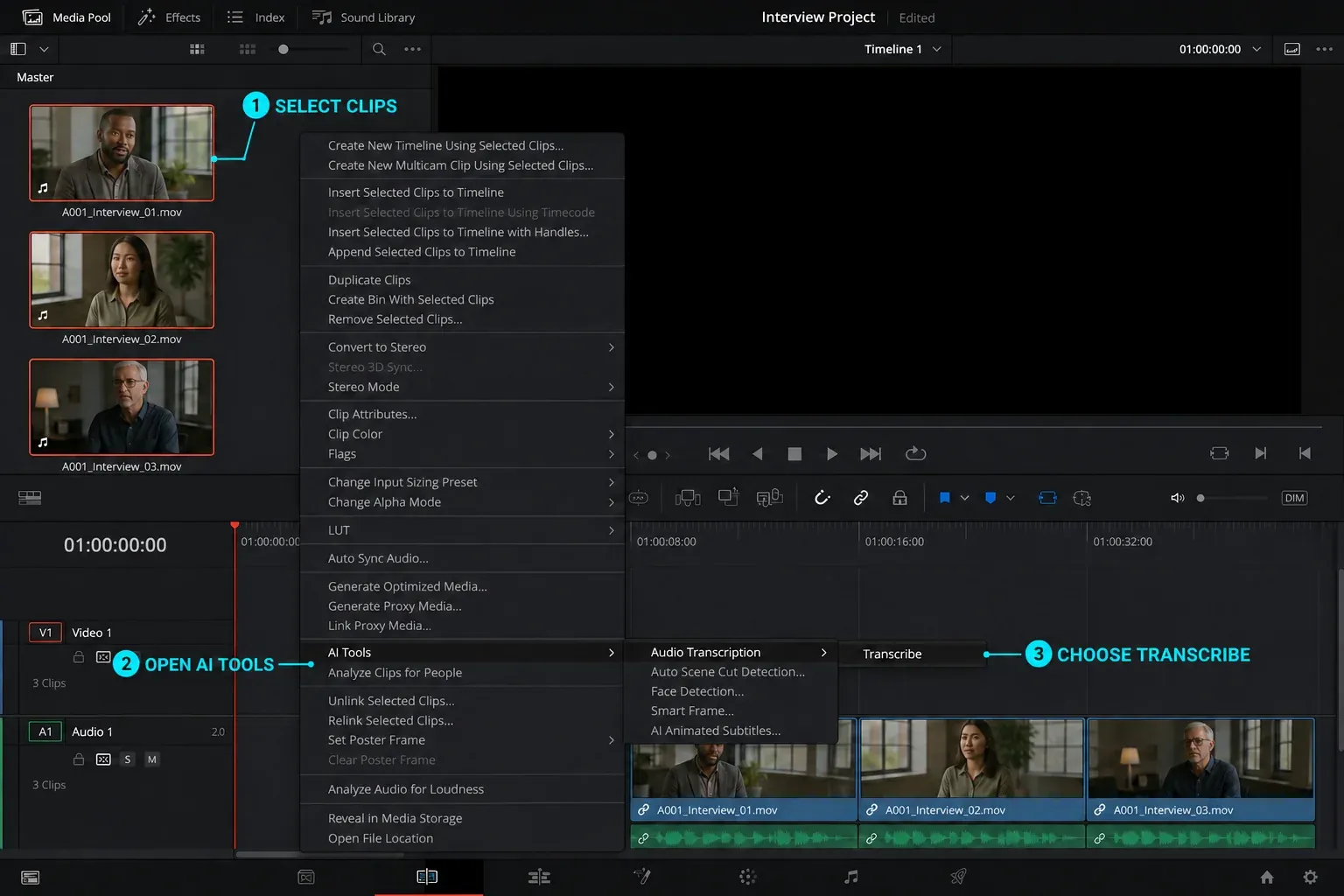 DaVinci Resolve 21 Media Pool menu for transcribing selected audio clips