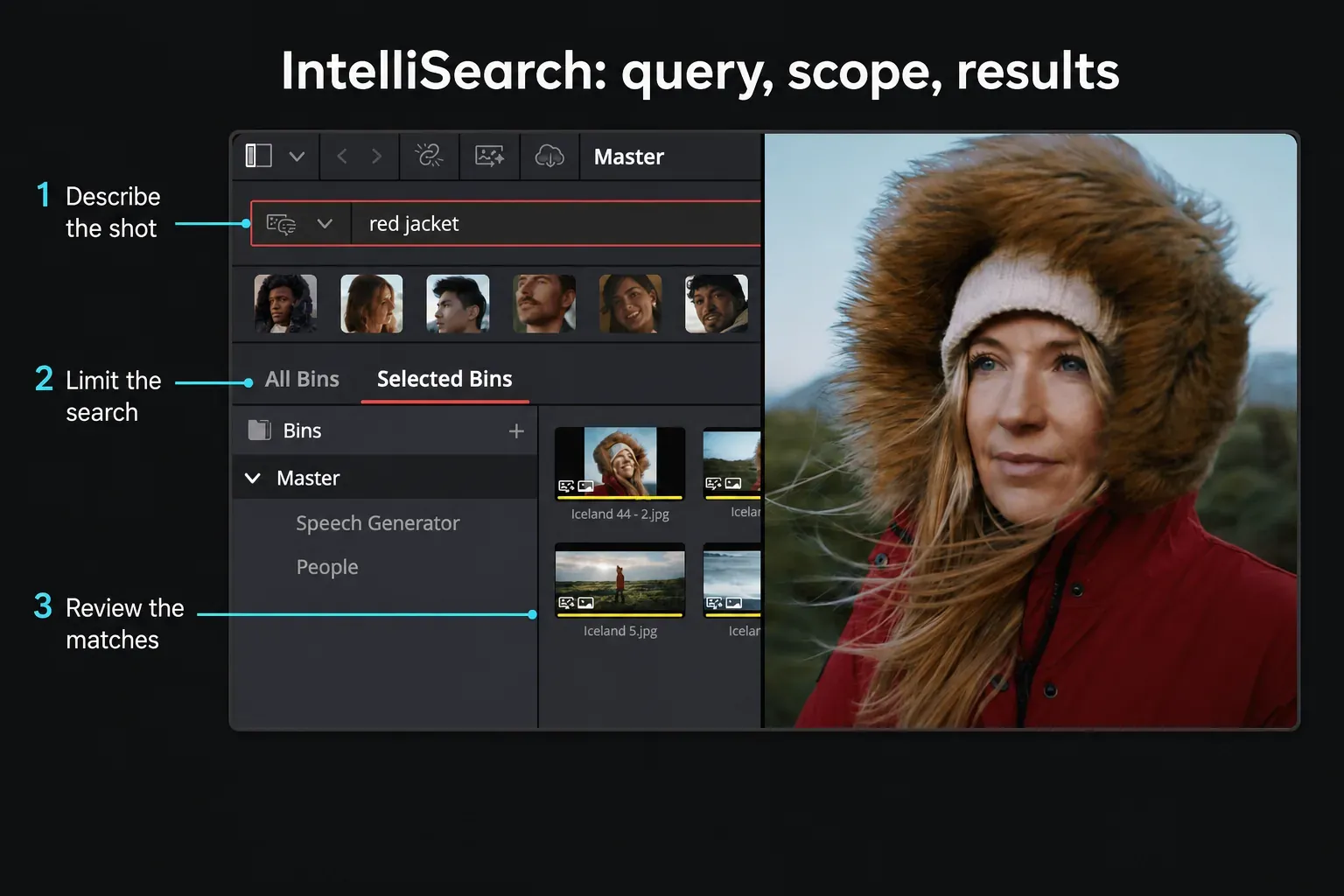 DaVinci Resolve 21 IntelliSearch UI with text query, selected bins and matching clips