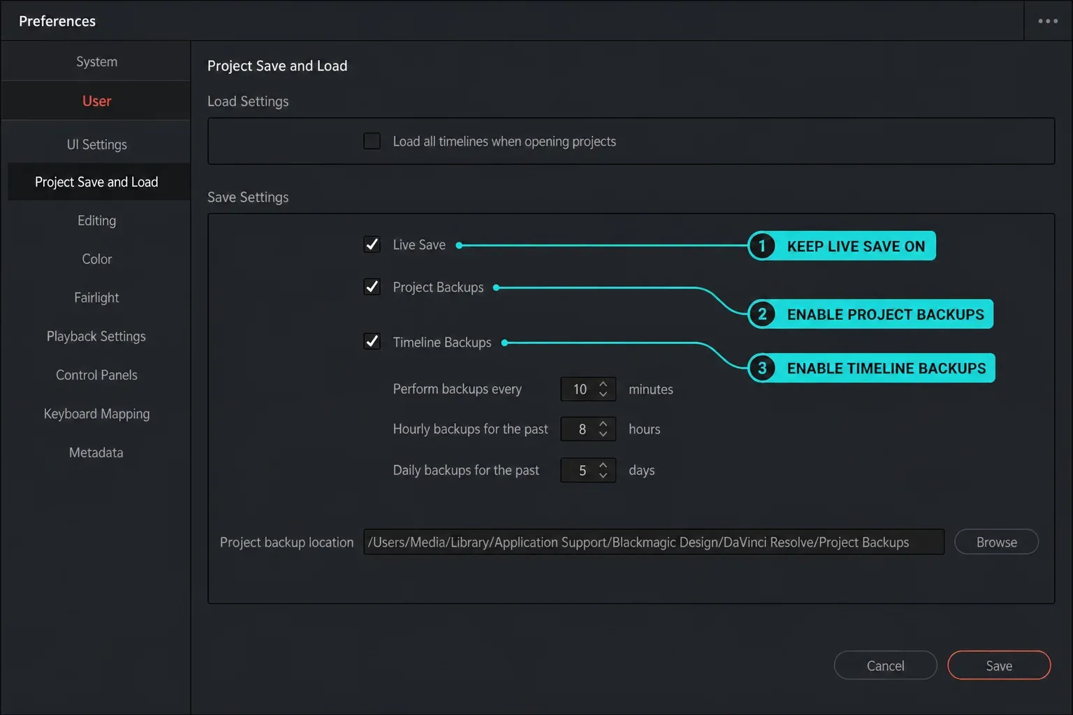 DaVinci Resolve 21 Project Save and Load preferences with Live Save and backups enabled