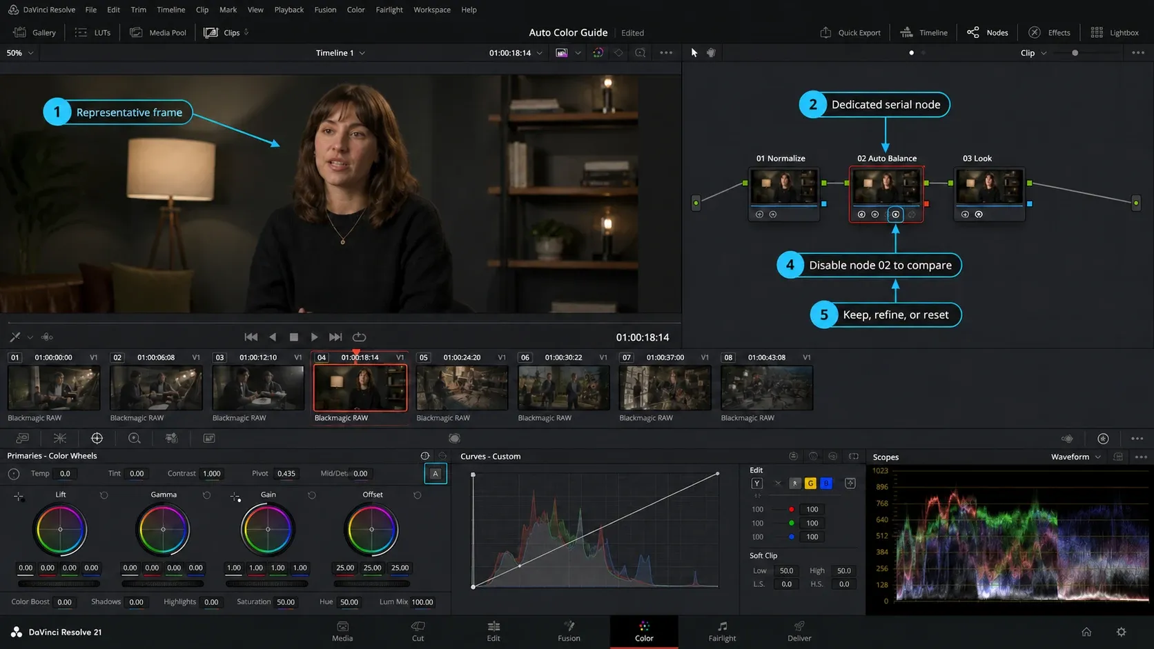 DaVinci Resolve Color page node tree isolating Auto Color on a dedicated serial node